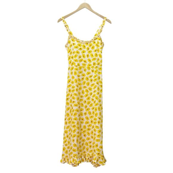 Faithfull the Brand Noemie Dress Size 8 US Yellow Floral Midi Ruffle Hem Smocked - Picture 2 of 14
